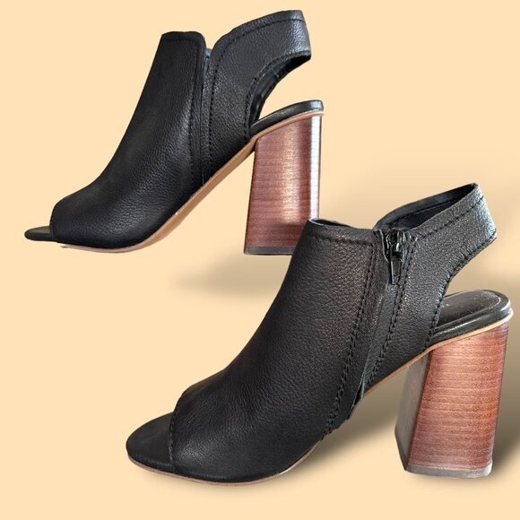 Treasure & Bond Open Toe Sandal Bootie - Black‎ Leather Upper - Stacked Heel-Zip - Picture 1 of 8